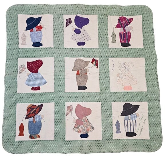 VTG Sunbonnet Sue Overall Sam Dutch Style Baby‎ Quilt Blanket Unisex 90s Green - Picture 1 of 16